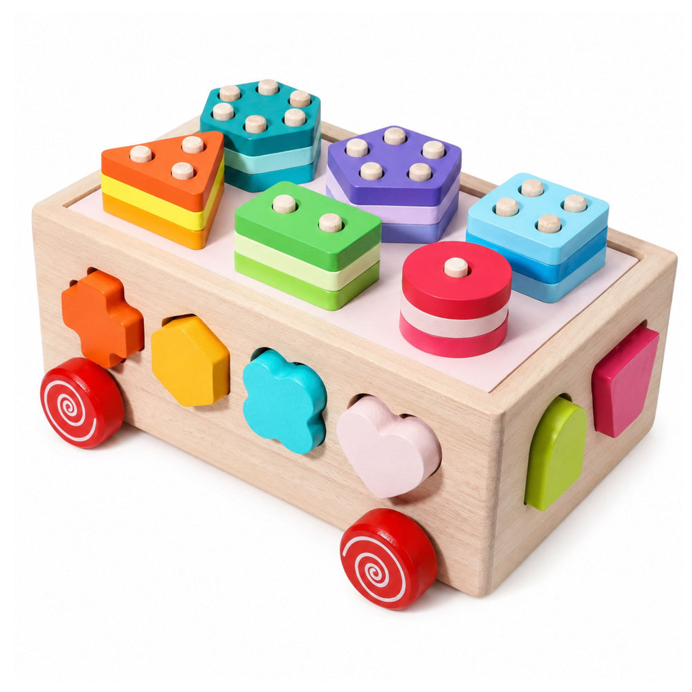 Wooden Montessori Educational Sorter on Wheels Shapes and Numbers