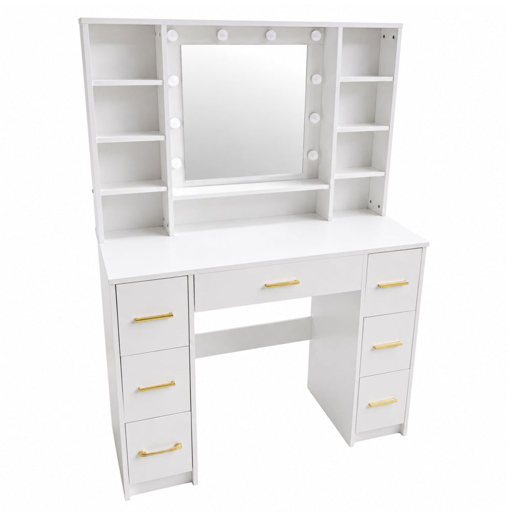 Large Dressing Table Mirror with LED Light, Shelves, 7 Drawers, White, 140x100x40 cm
