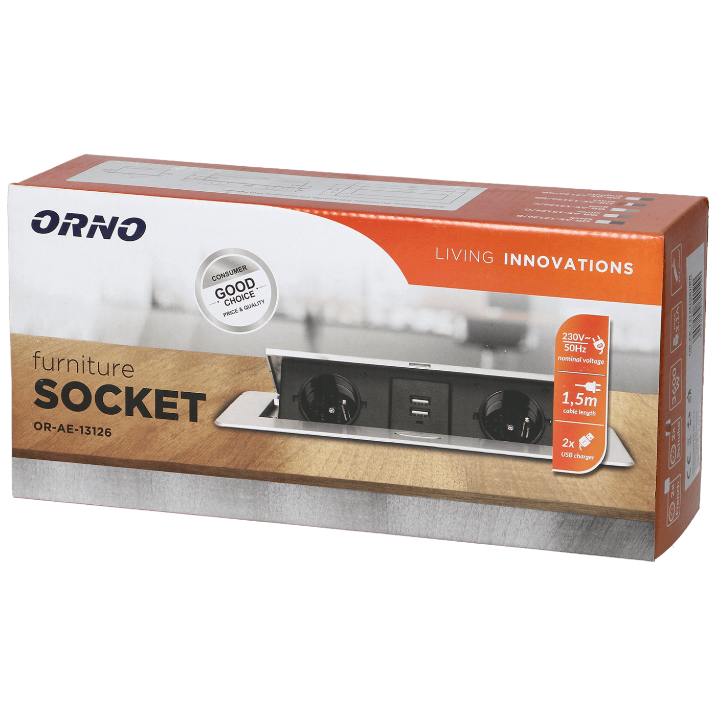 Orno Produžni kabel sa 2 x Schuko utičnice + 2 x USB, ugradbena - OR-AE-13126(GS)/G