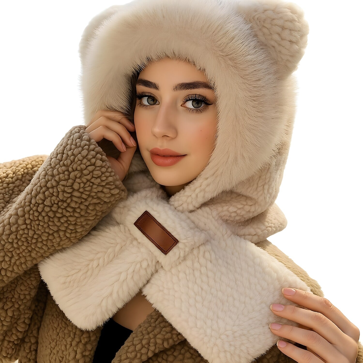 Pleteni kapuć sa šalom i ušima - Svijetlo smeđa KP36921