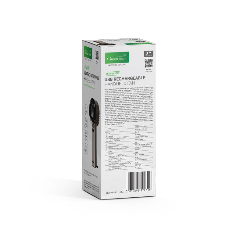 Prijenosni ventilator Green Tech, 3.6W, smeđi, sa USB punjenjem