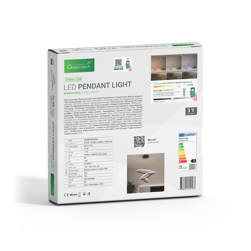 Smart dekorativna visilica Green Tech 75W, 3CCT, dim, APP + daljinski upravljač