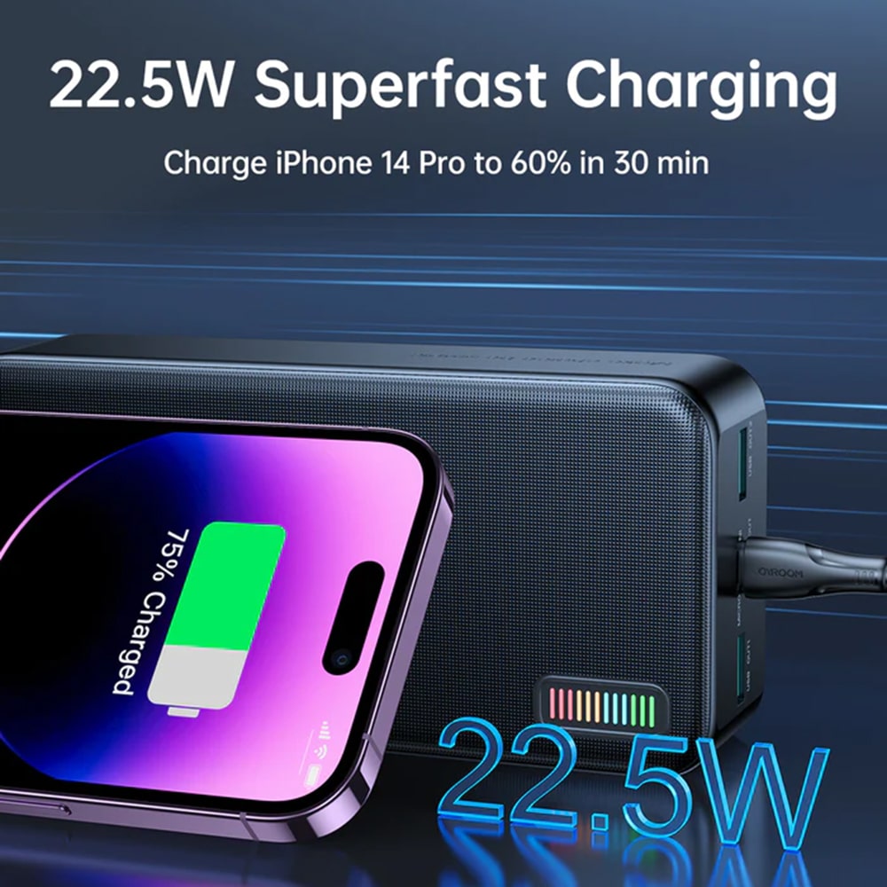 JoyRoom - Power Bank Dazzling Series (JR-QP196) - 2xUSB- Type-C- Micro-USB- LED za provjeru baterije- 22.5W- 30000mAh - crna