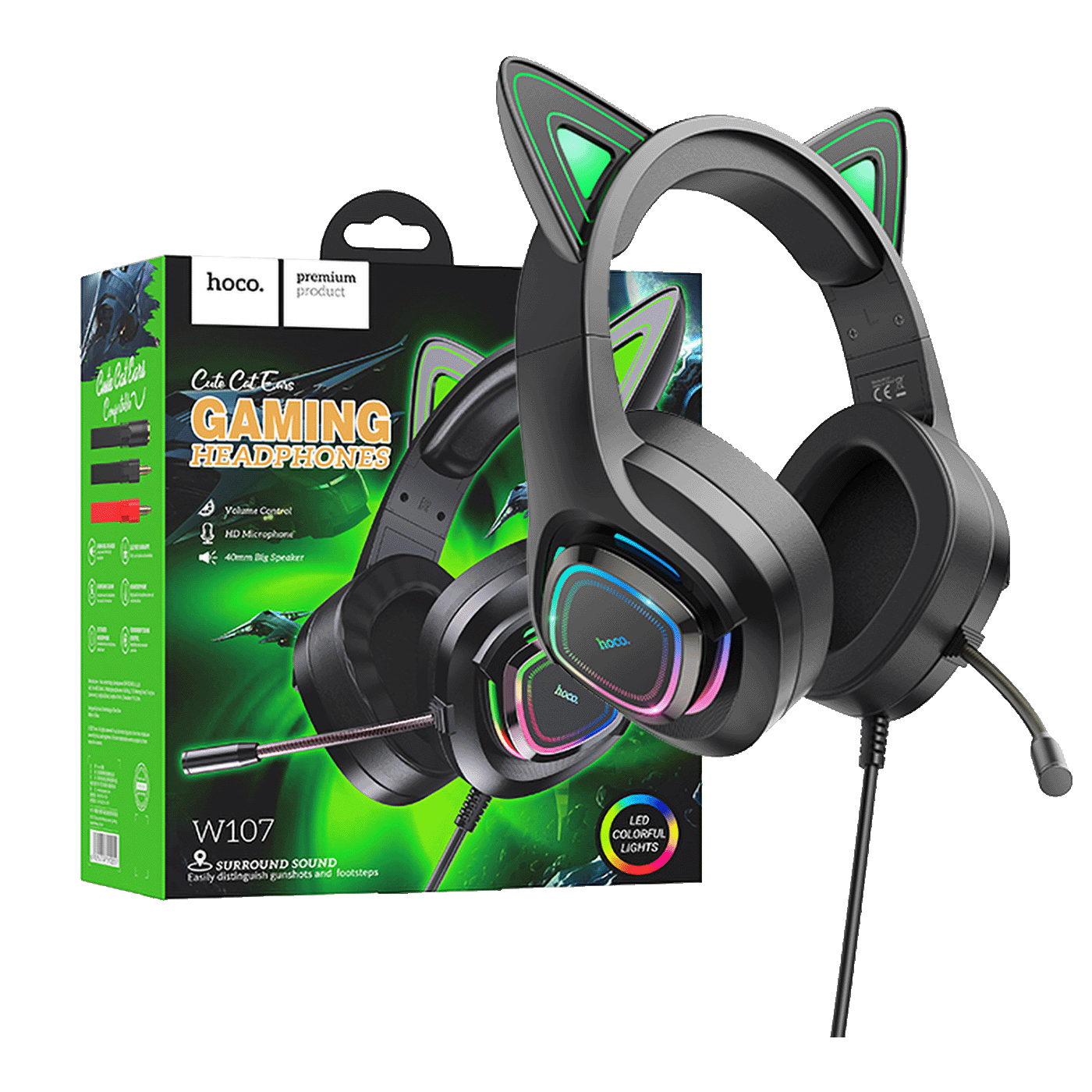 hoco. Slušalice sa mikrofonom, gaming, USB/3.5 mm, LED - W107 Cute Cat Black/Pink