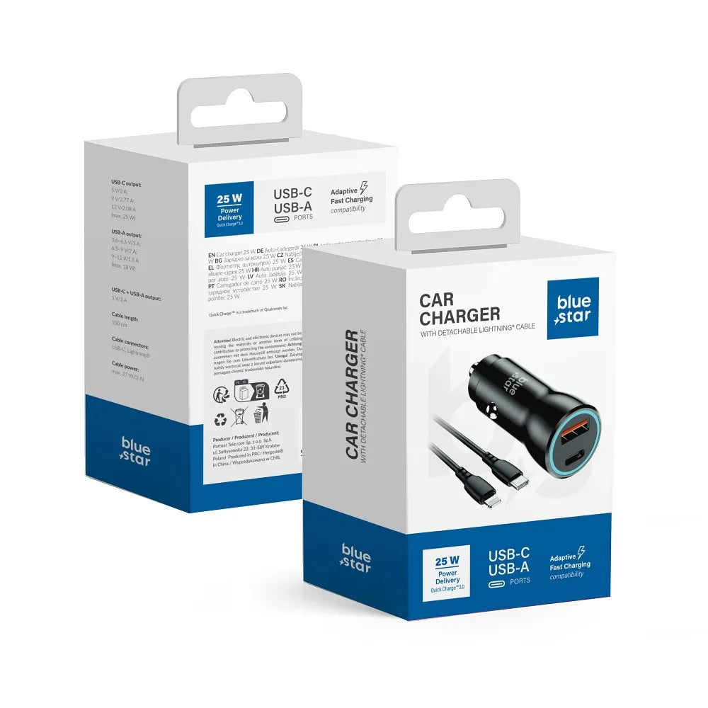 Auto punjač Blue Star 25 W (PD, QC 3.0, AFC) s USB C konektorom i USB C na Lightning 3A kabelom