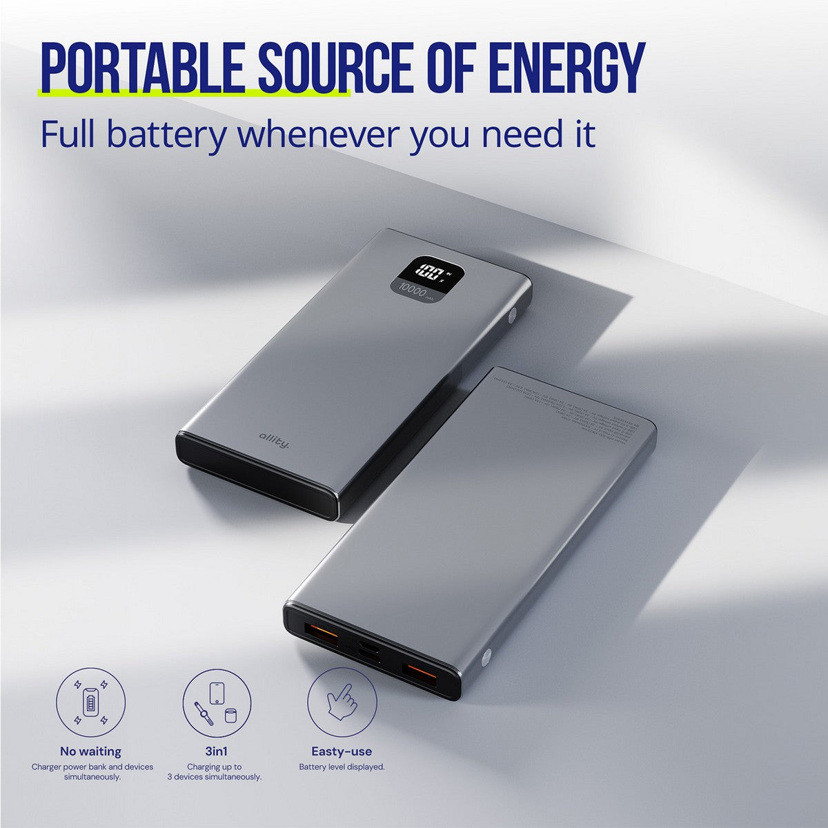 ALLITY prijenosna baterija APB-100 PD QC 22.5W 10000 mAh siva