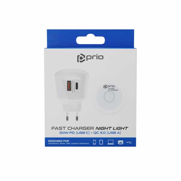 Prio Fast Charge Zidni punjač 20 W PD (USB C) + QC 3.0 (USB A) Noćno svjetlo bijelo