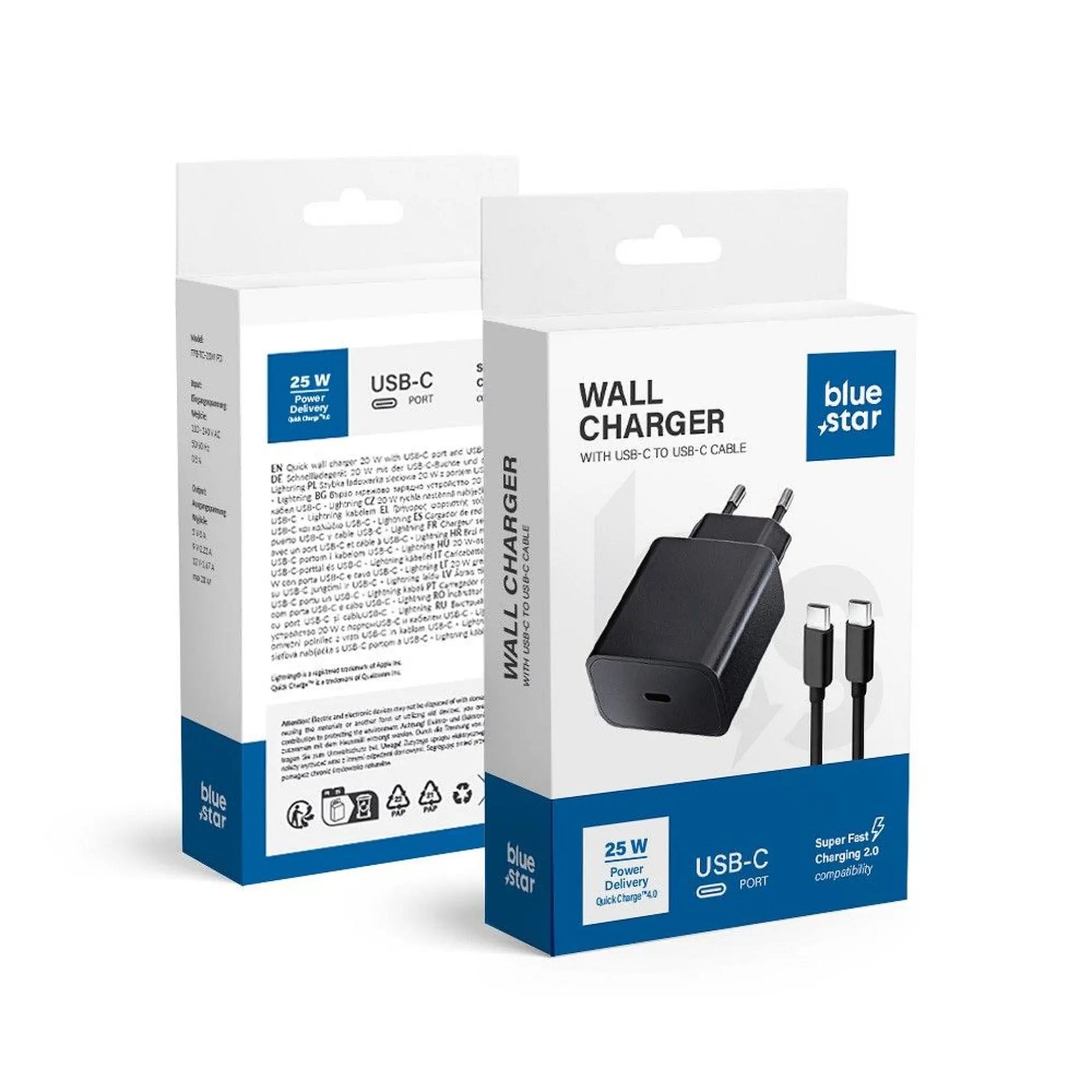 Punjač za telefon Blue Star USB C QC4.0 PD 3A 25W + kabel USB C na USB C crni