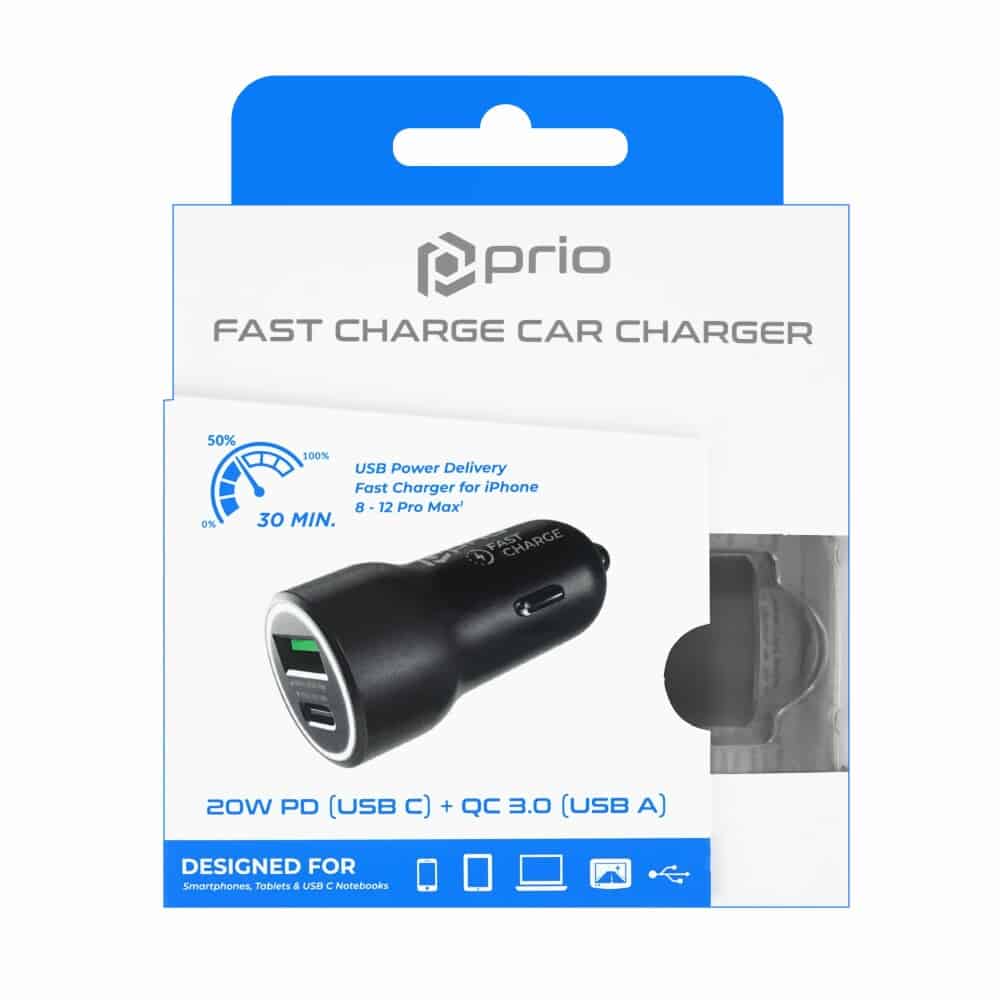 Prio Fast Charge Car Charger 20W PD (USB C) + QC 3.0 (USB A) black