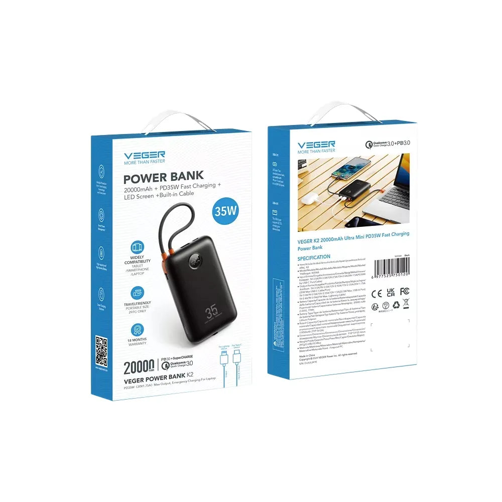 VEGER powerbank 20000 mAh s ugrađenim kabelima Type C / Lightning PD QC3.0 35W K2 (W2068) crni