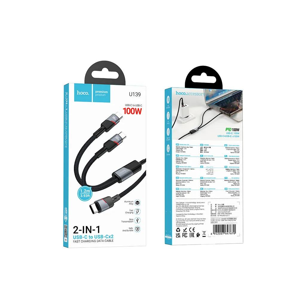 2u1 USB C na USB C / USB C kabel Hoco 5A 100W 120 cm U139 crni