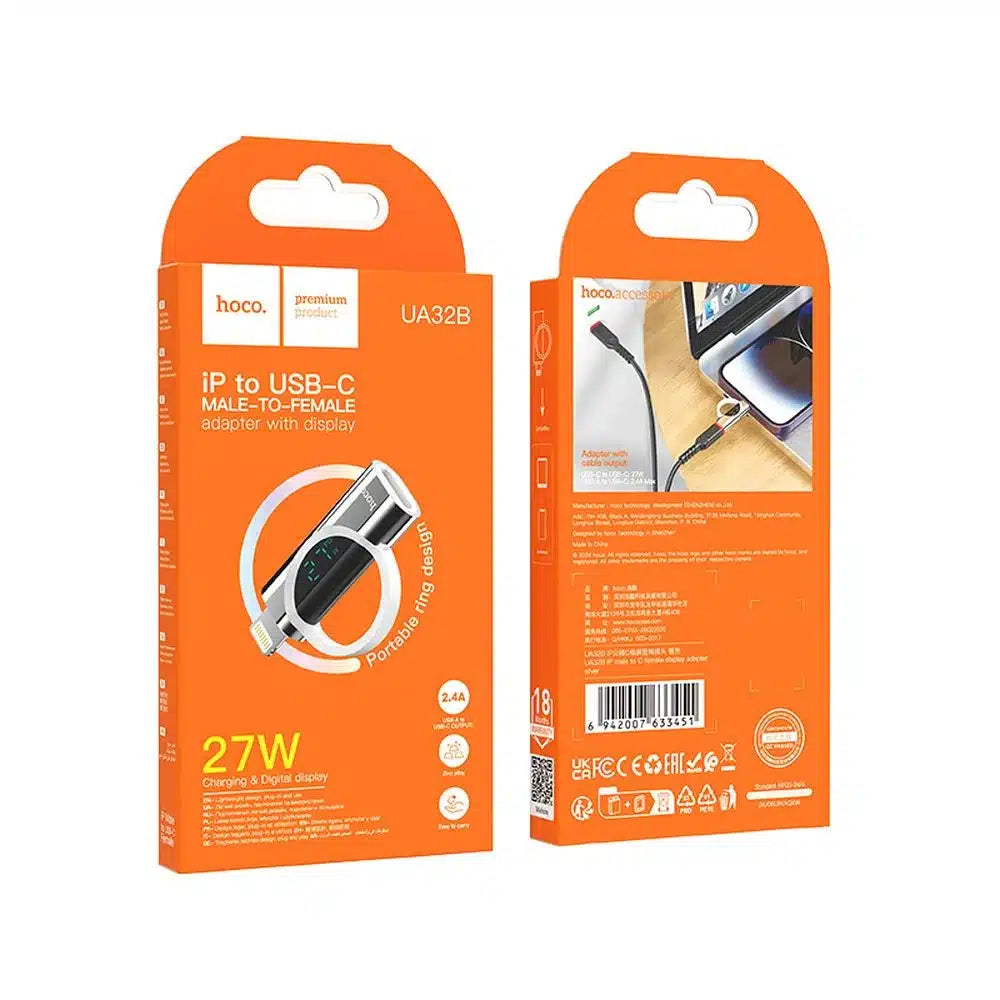 HOCO Lightning (muški) na Type-C (ženski) adapter sa zaslonom 2.4A 27W UA32B srebrni