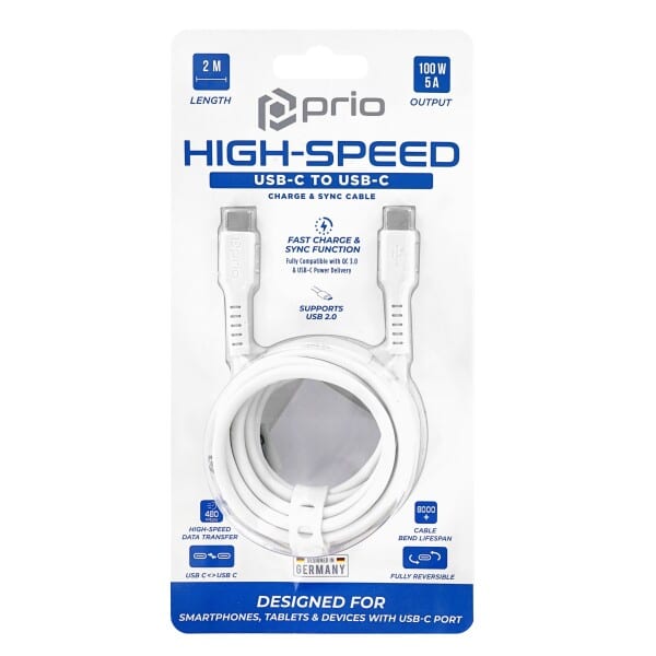 Prio High-Speed Charge & Sync USB C na USB C kabel 5A 2m bijeli