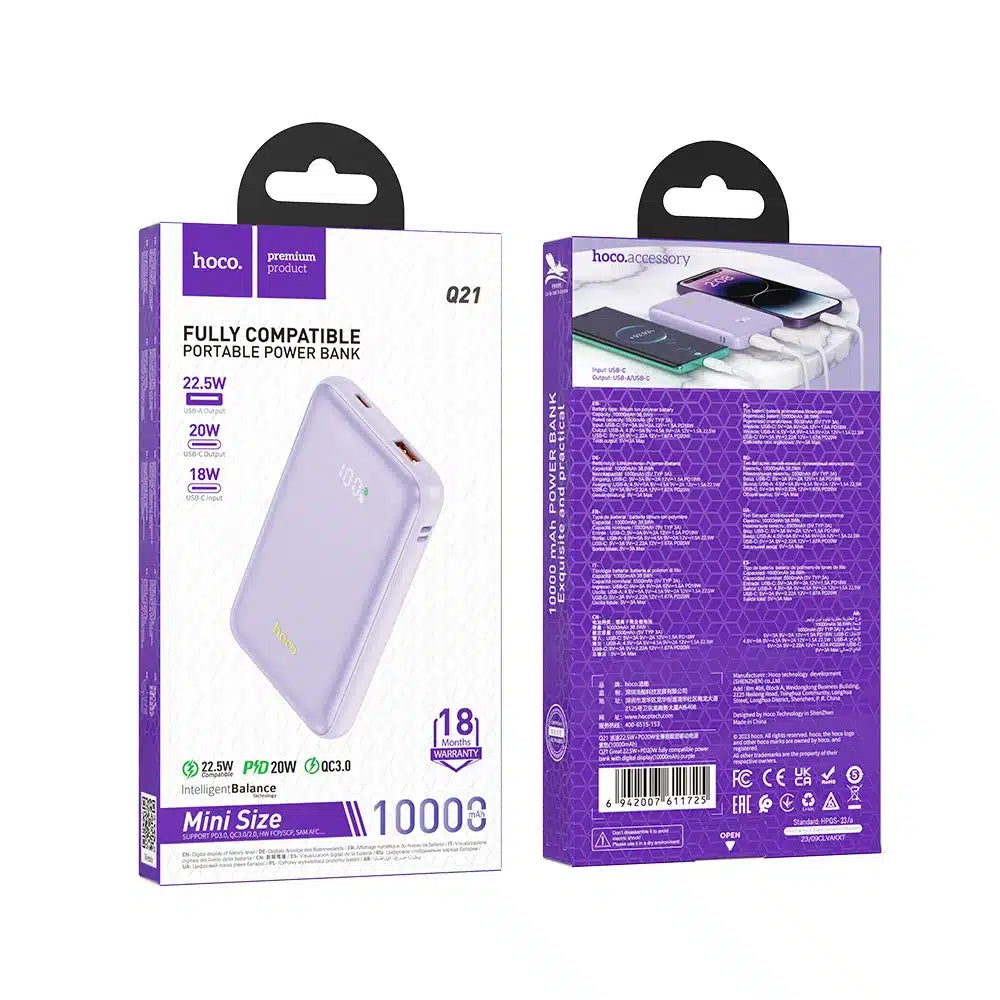HOCO powerbank 10.000 mAh PD QC3.0 3A 22.5W Q21 ljubičasti