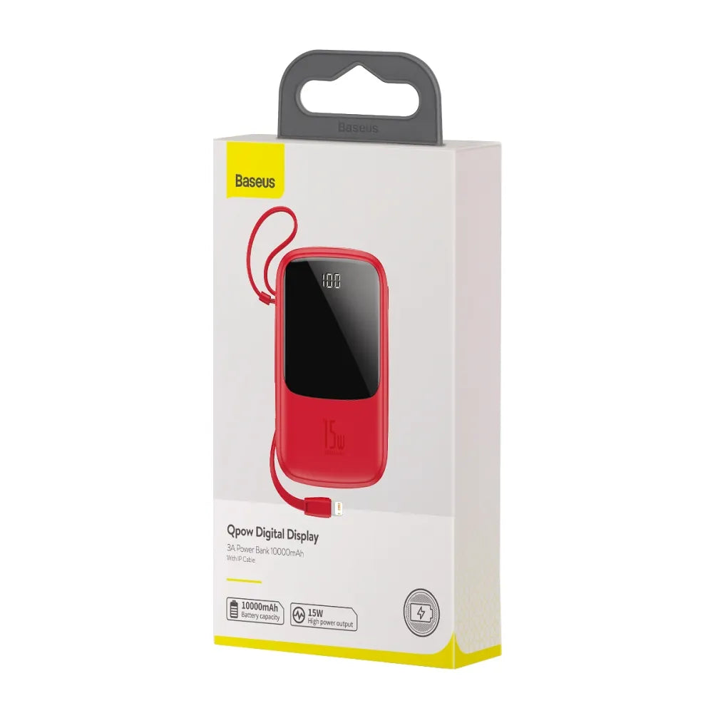 Power Bank BASEUS QPow - 10,000mAh LCD Quick Charge PD 15W s kabelom za Lightning 8-pin crveni PPQD-B09