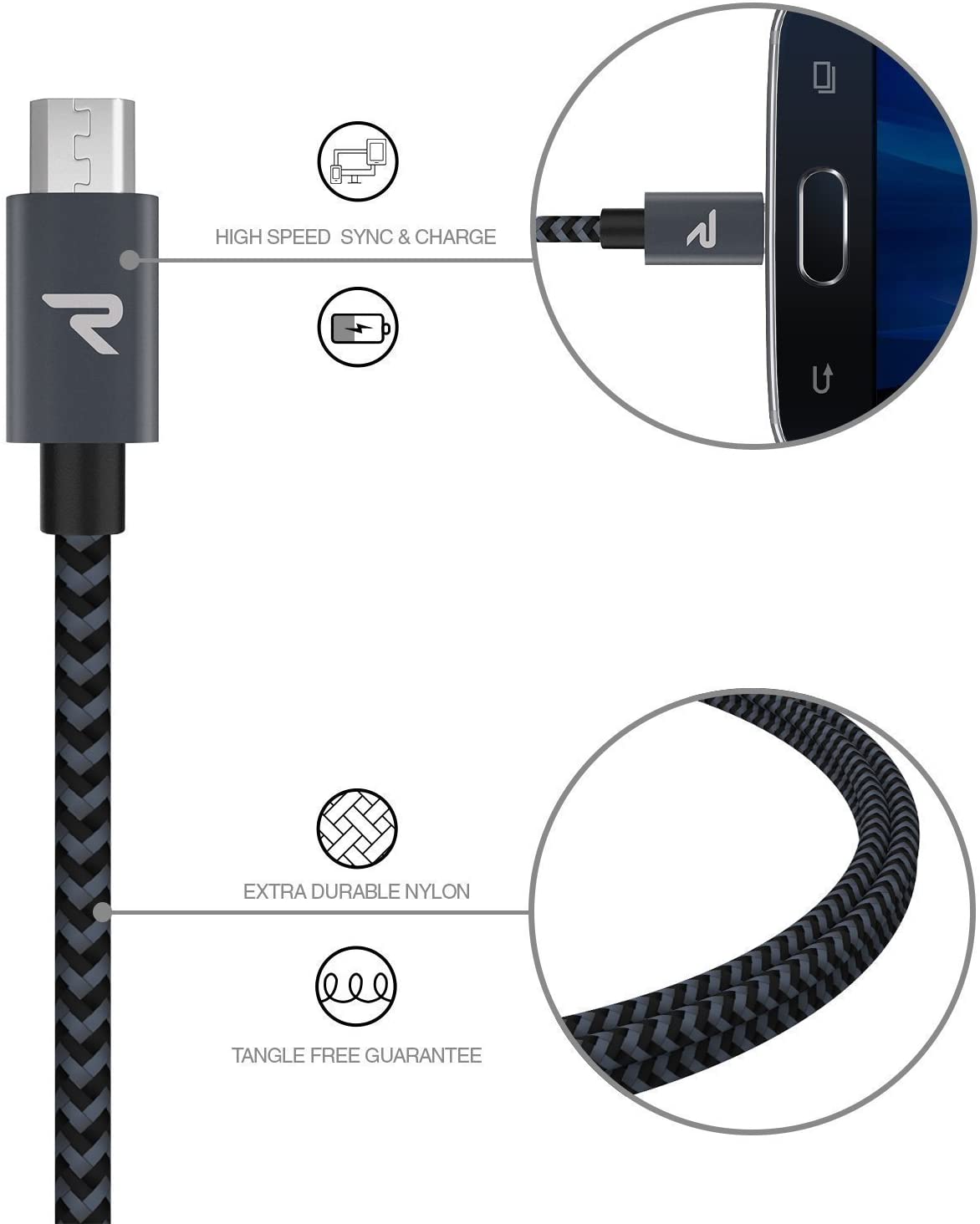 RAMPOW Micro USB premium kabel QC 3.0 2.4A - 2 m