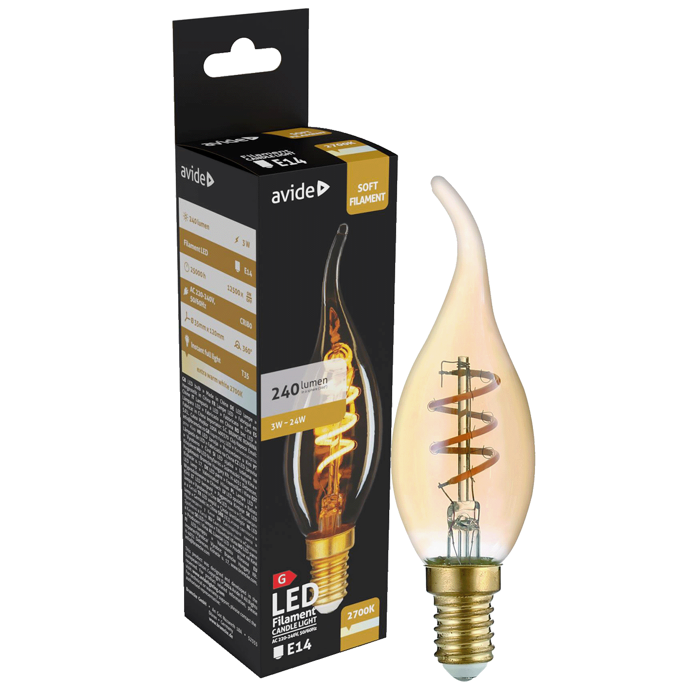 Avide Žarulja,LED 3W,E14,2700K,230V AC,topla bijela svjetlost - Soft Filament Candle Flame 3W E14