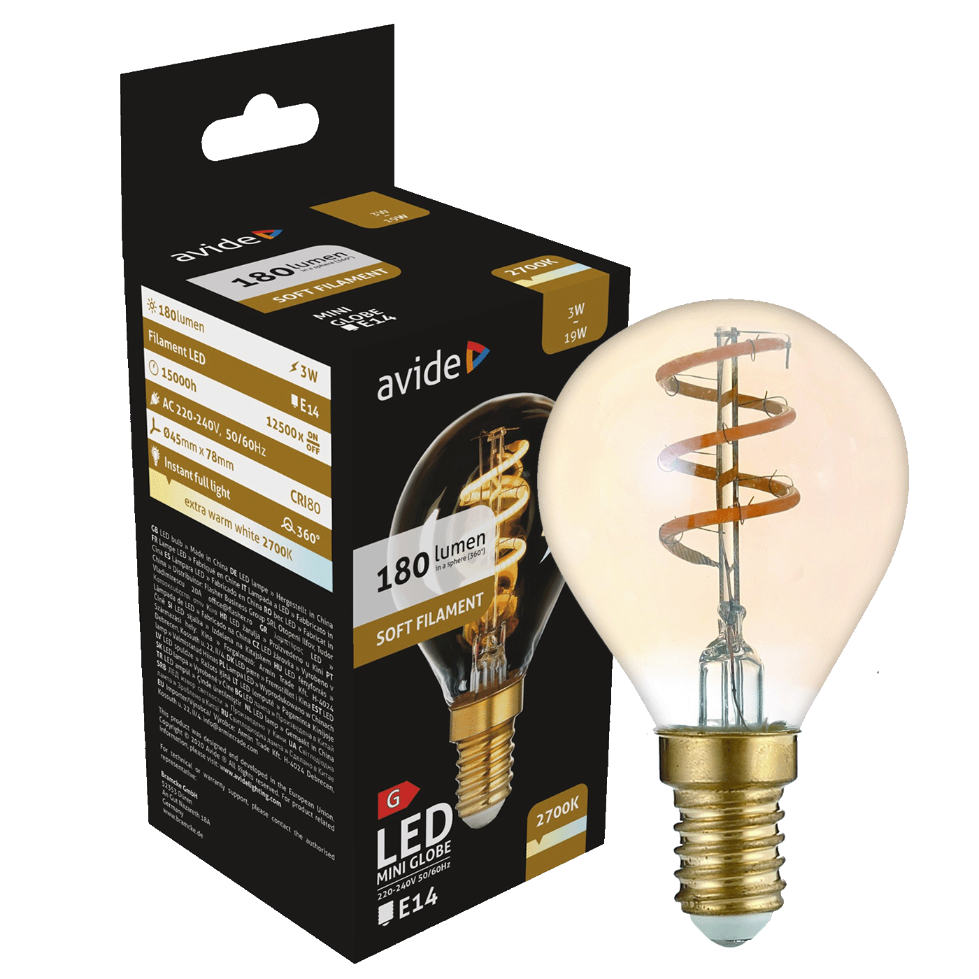 Avide Žarulja,LED,3W,E14,2700K,230V AC,topla bijela svjetlost - Soft Filament Mini Globe 3W E14