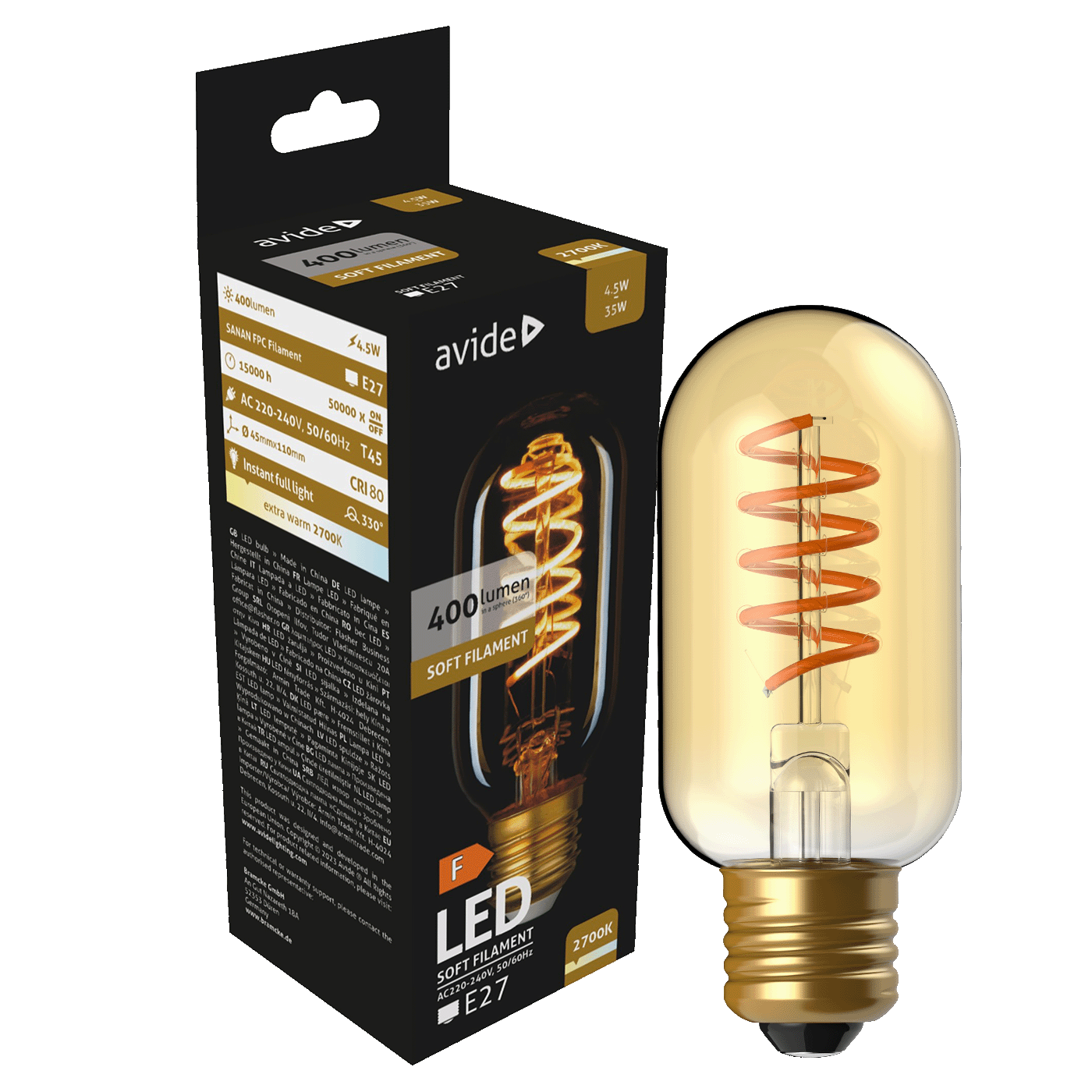Avide Žarulja,LED,4.5W,E27,2700K,230V AC,topla bijela svjetlost - Soft Filament T45 4.5W E27