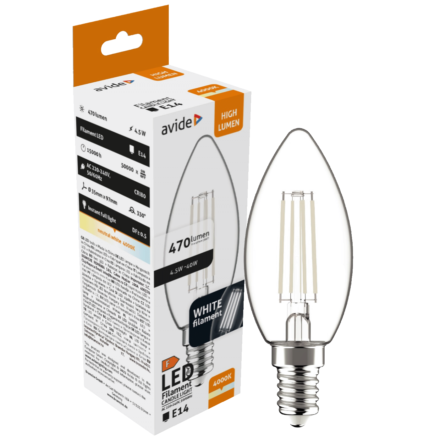 Avide Žarulja, LED 4.5W, E14, 4000K, 230V AC, bijela svjetlost - White Filament Candle 4.5W E14