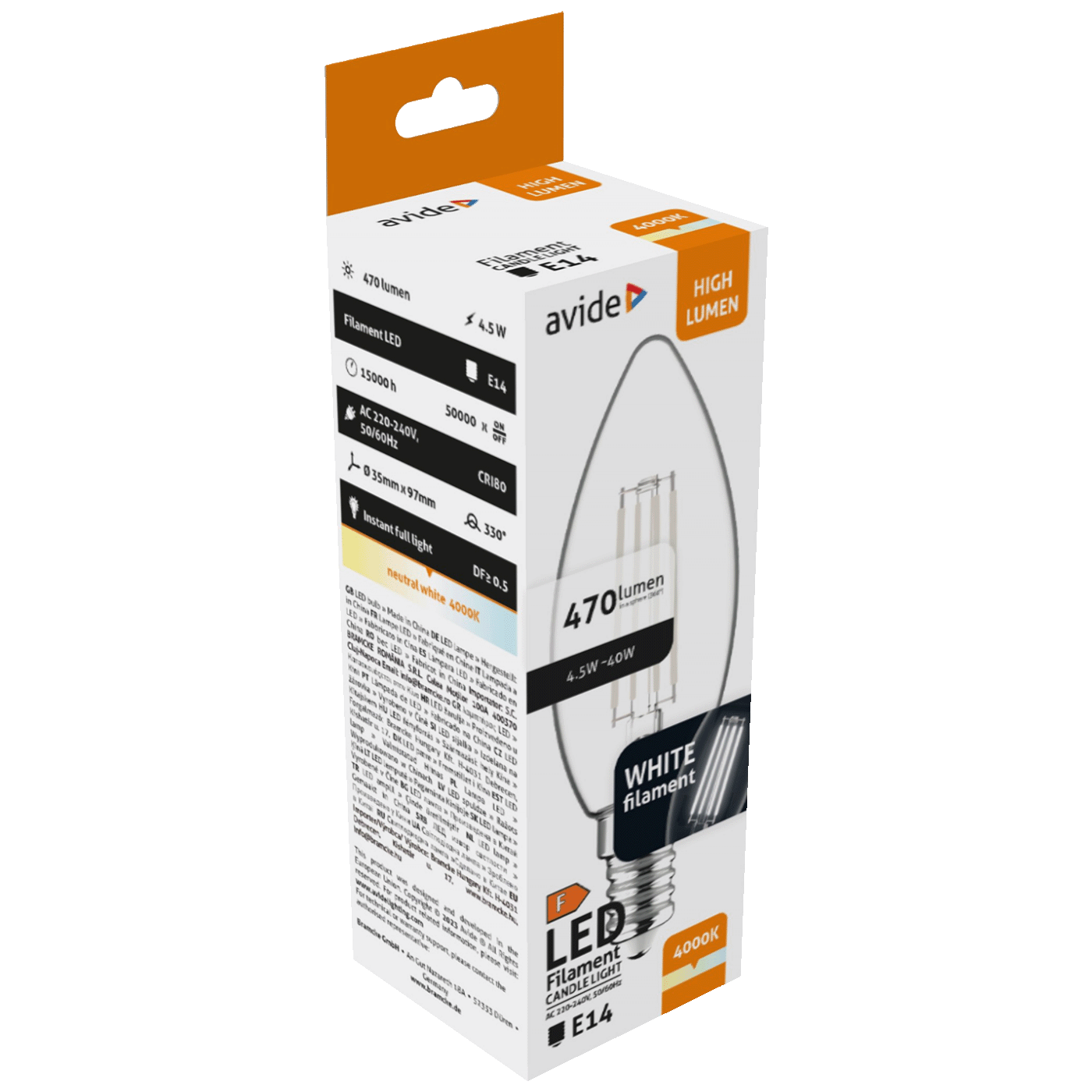 Avide Žarulja, LED 4.5W, E14, 4000K, 230V AC, bijela svjetlost - White Filament Candle 4.5W E14