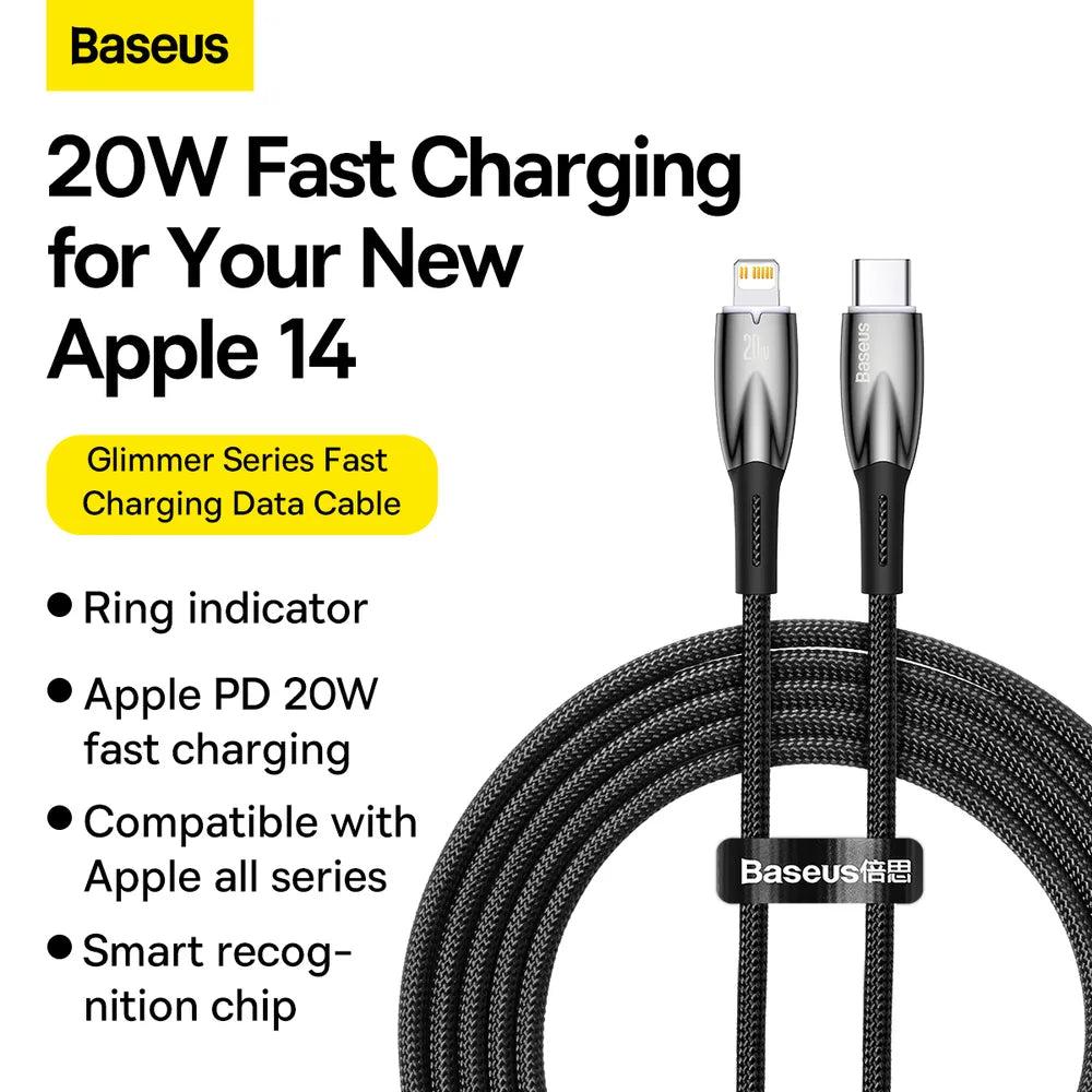 BASEUS kabel Type C za Apple Lightning 8-pin Power Delivery 20W Glimmer Series CADH000101 2m crna
