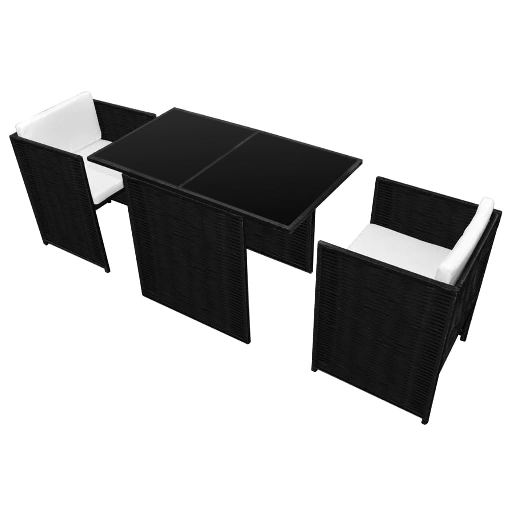 3-dijelni bistro set od poliratana s jastucima crni