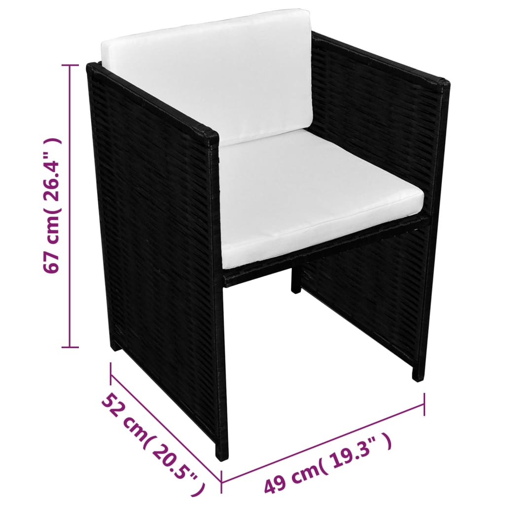 3-dijelni bistro set od poliratana s jastucima crni