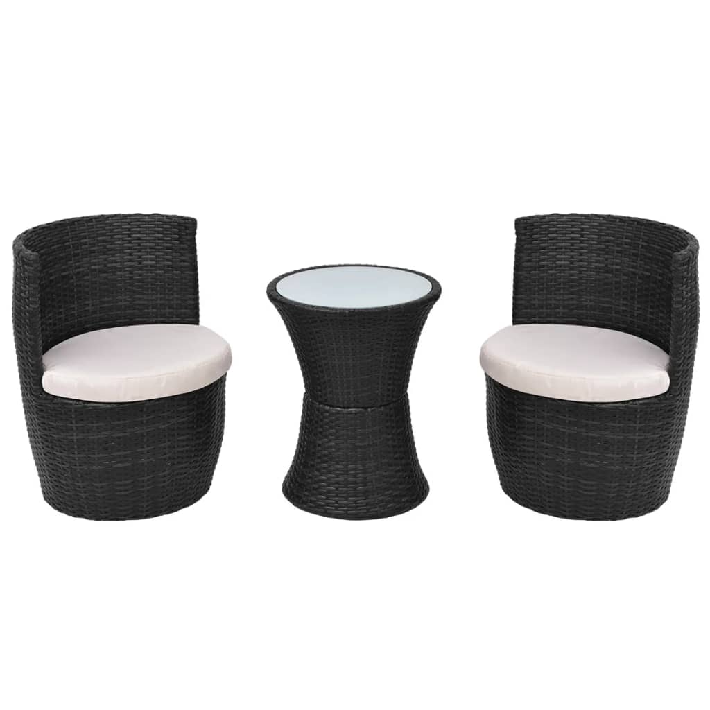 3-dijelni bistro set od poliratana s jastucima crni