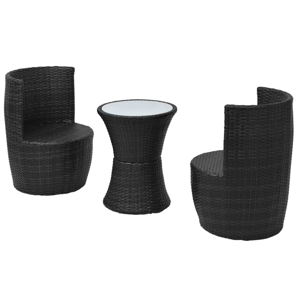 3-dijelni bistro set od poliratana s jastucima crni