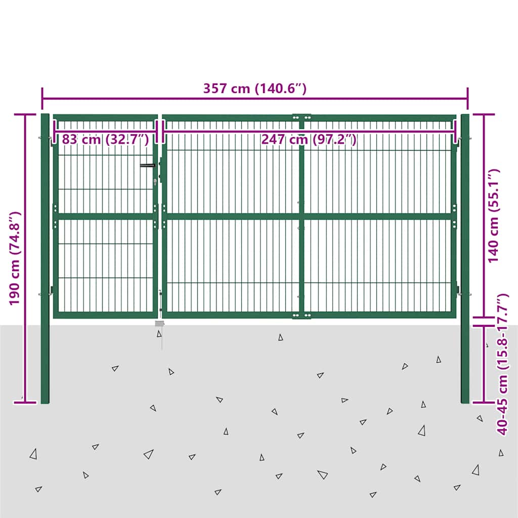 Vrtna vrata za ogradu sa stupovima 350x140 cm čelična zelena