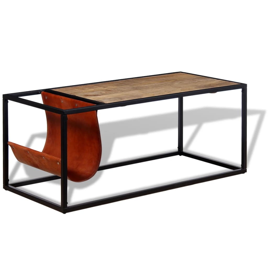 Stol za Kavu s Držačem za Časopise od Prave Kože 110x50x45 cm