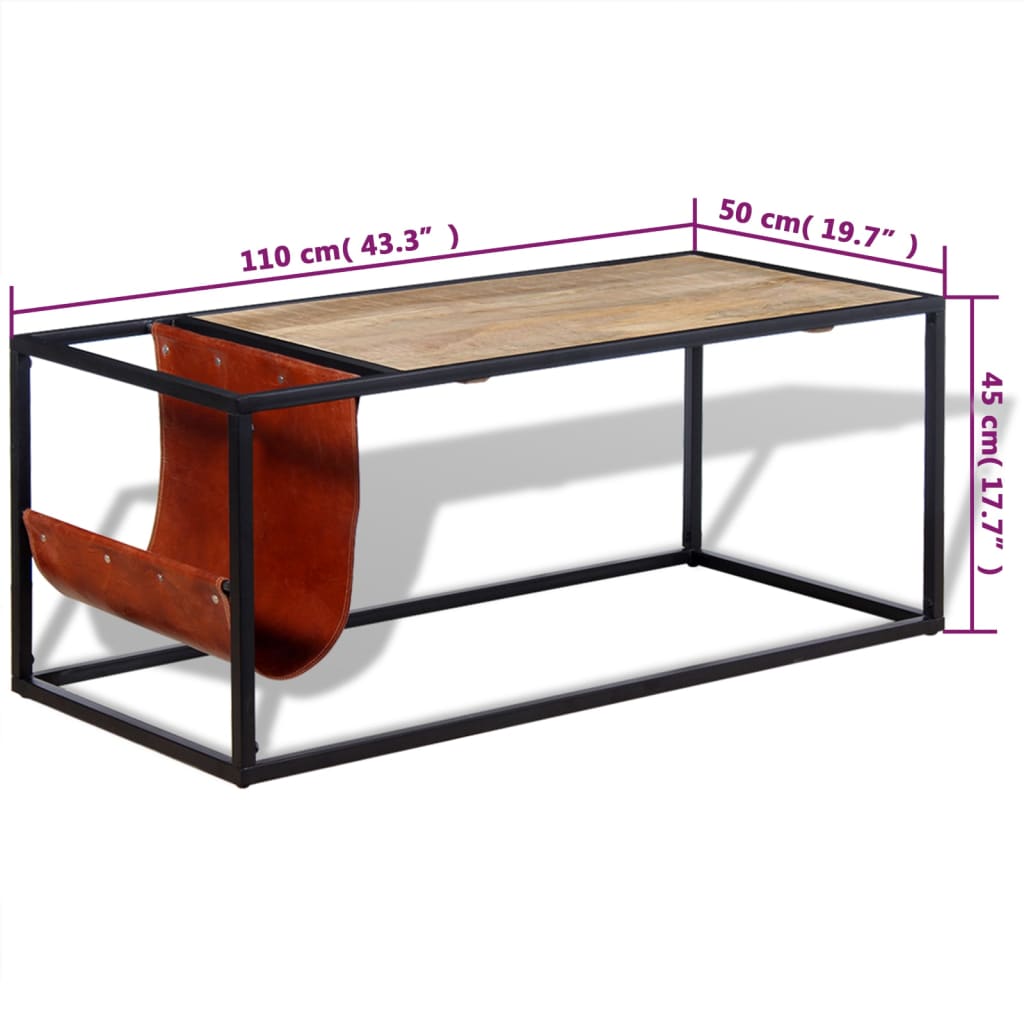 Stol za Kavu s Držačem za Časopise od Prave Kože 110x50x45 cm