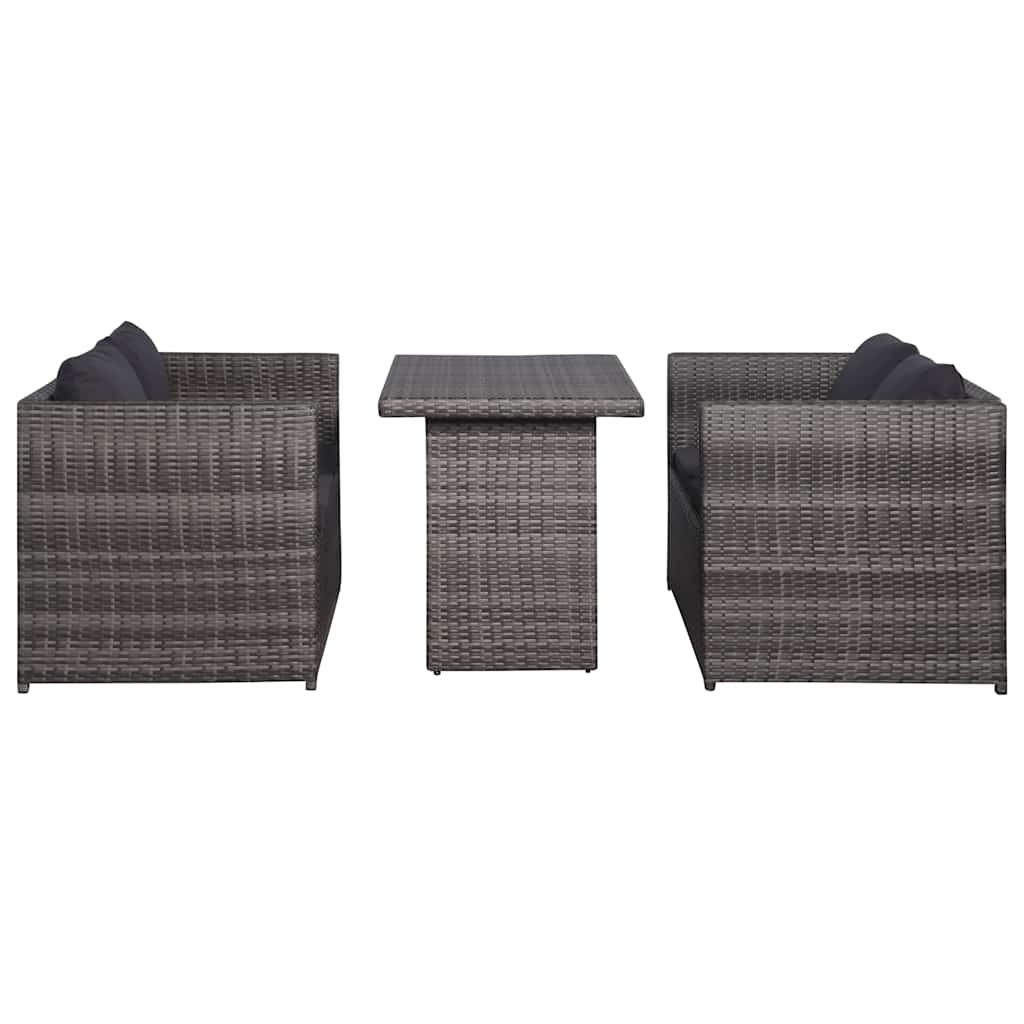 3-dijelni bistro set od poliratana s jastucima sivi
