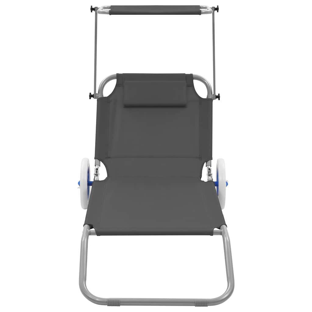 Sklopiva ležaljka za sunčanje s krovom i kotačima čelična siva