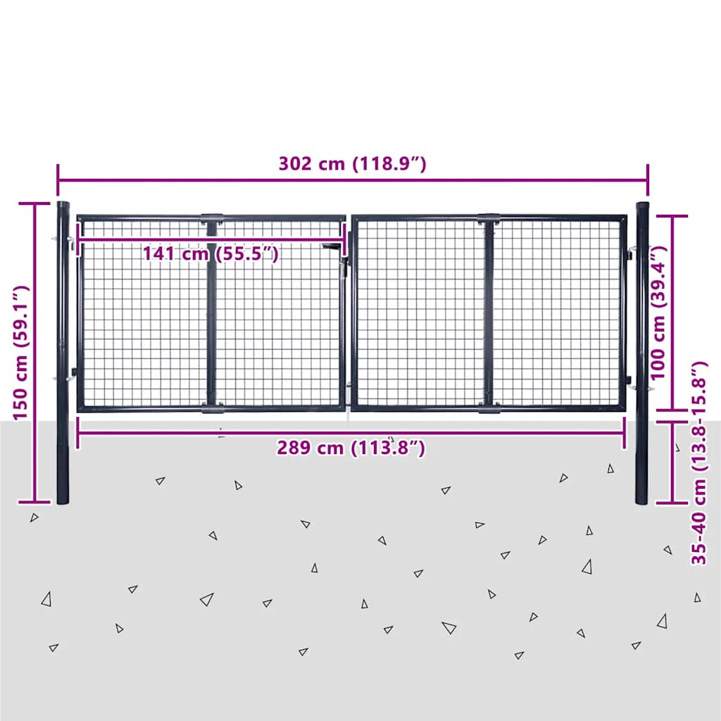 Mrežasta vrtna vrata od pocinčanog čelika 300x100 cm siva
