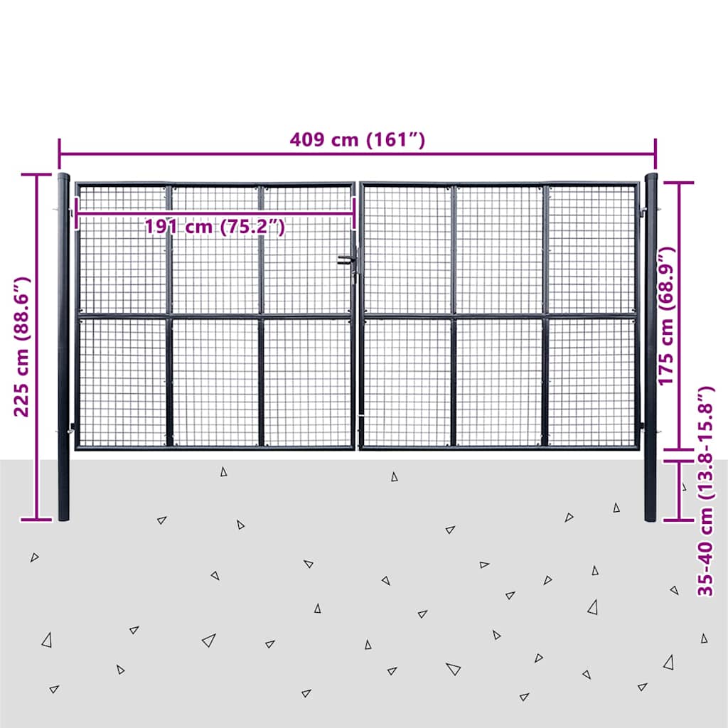 Vrtna vrata od mrežastog čelika 400x175 cm siva