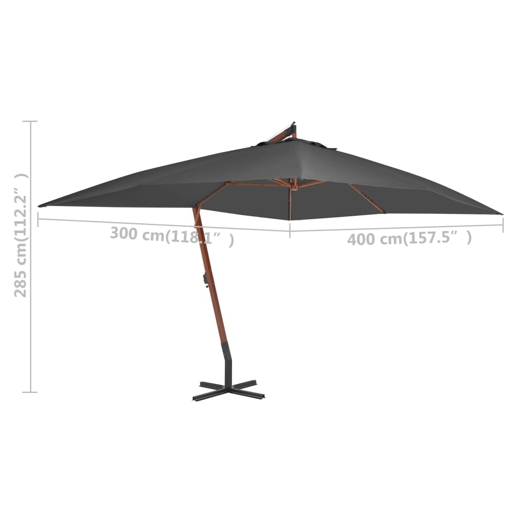 Konzolni vrtni suncobran s drvenim stupom 400 x 300 cm antracit