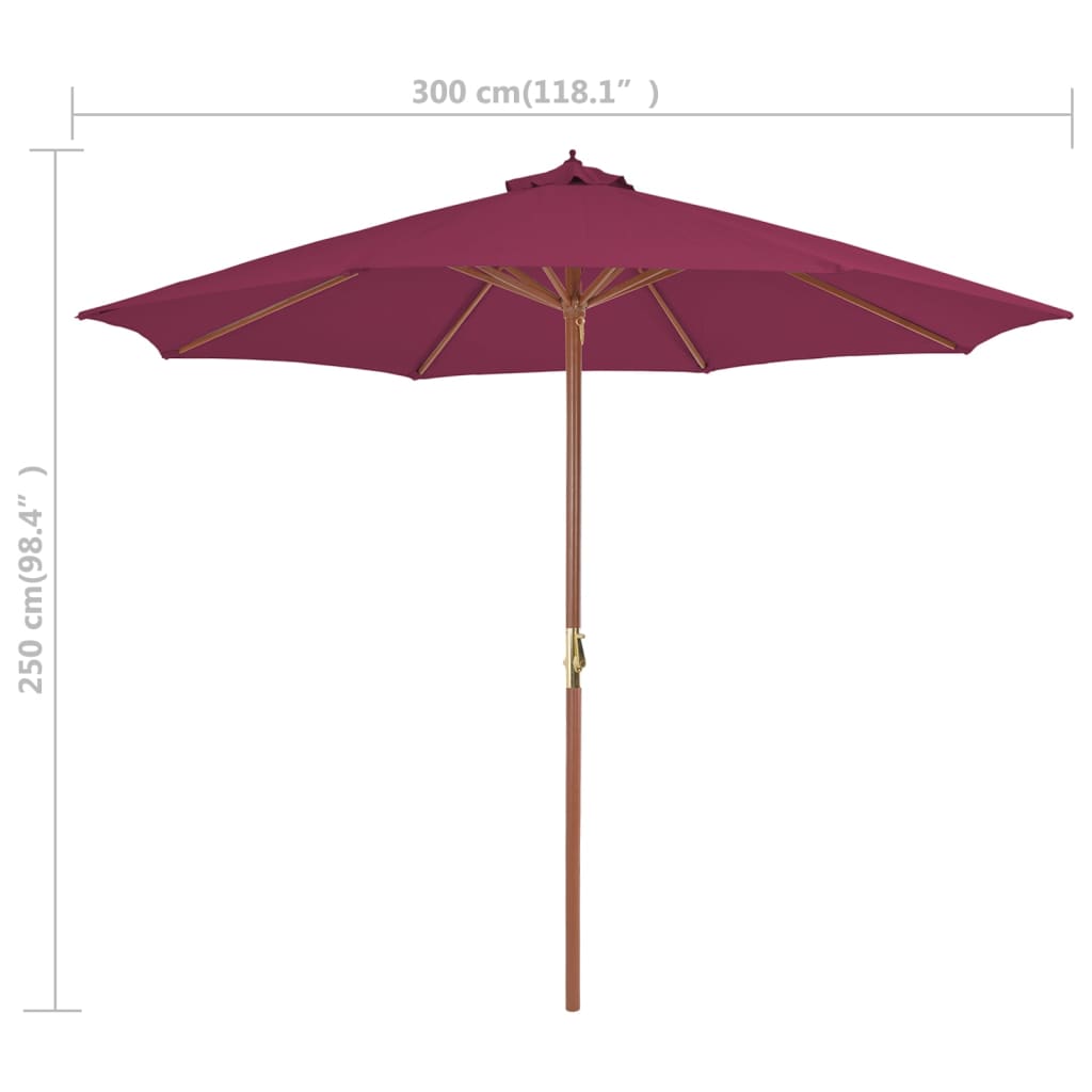 Vrtni suncobran s drvenom šipkom 300 cm bordo
