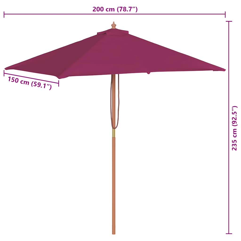 Vanjski suncobran s drvenim stupom 150 x 200 cm bordo