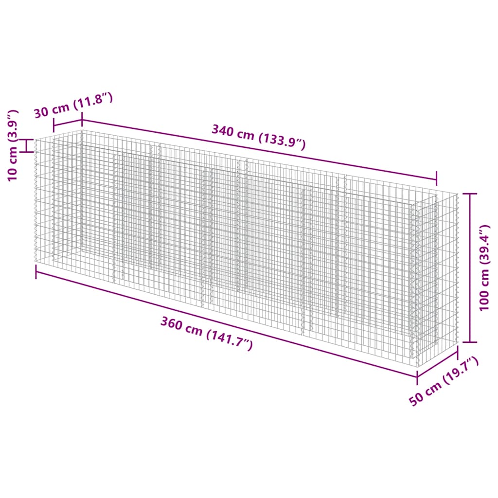 Gabionska sadilica od pocinčanog čelika 360 x 50 x 100 cm