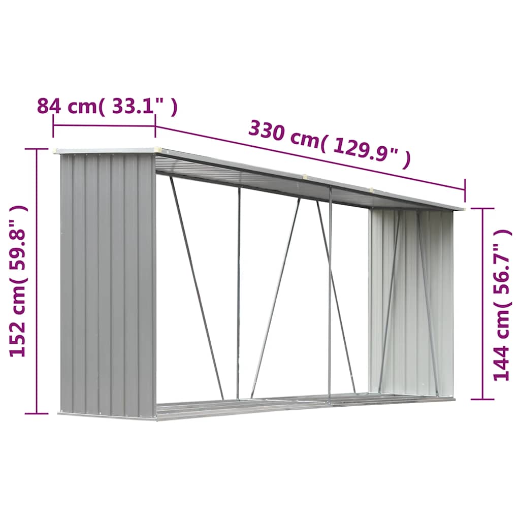 Vrtna ostava za drva od pocinčanog čelika 330x84x152 cm siva