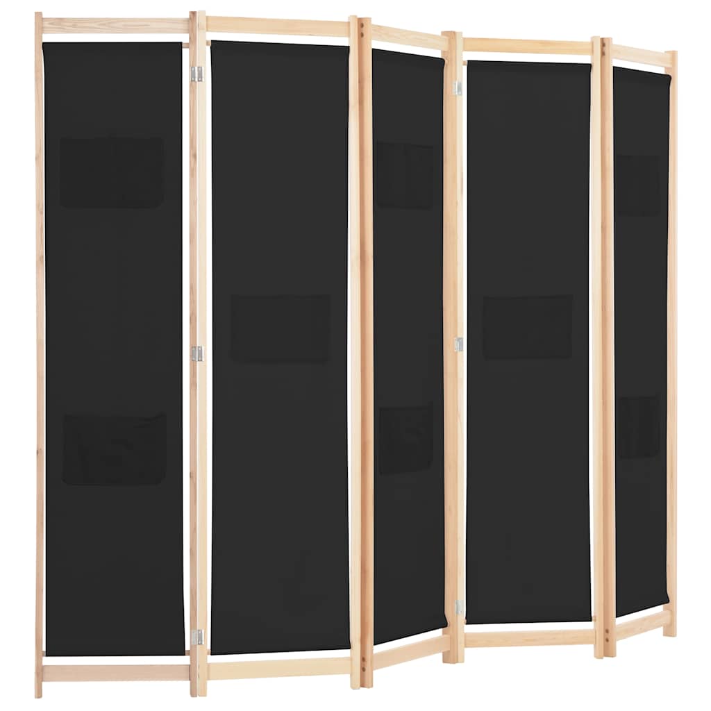 Sobna pregrada s 5 panela od tkanine 200 x 170 x 4 cm crna