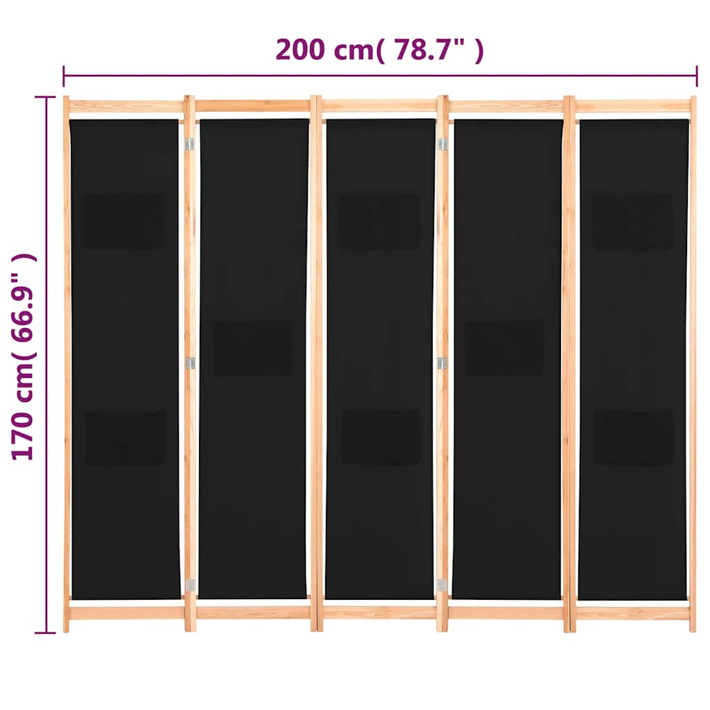Sobna pregrada s 5 panela od tkanine 200 x 170 x 4 cm crna