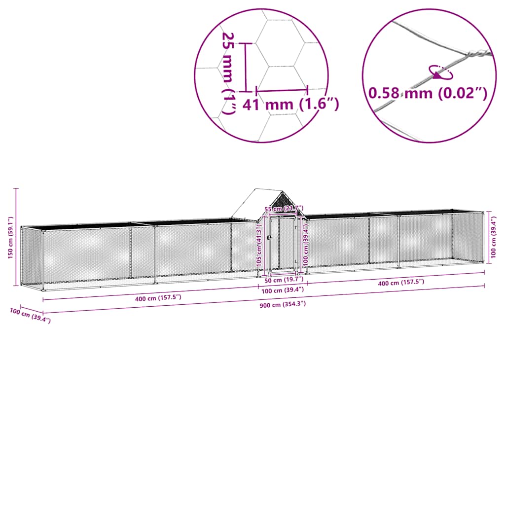 Kokošinjac od pocinčanog čelika 9 x 1 x 1,5 m