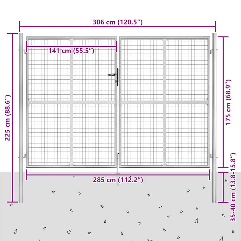 Vrtna vrata od pocinčanog čelika 300x175 cm srebrne boje