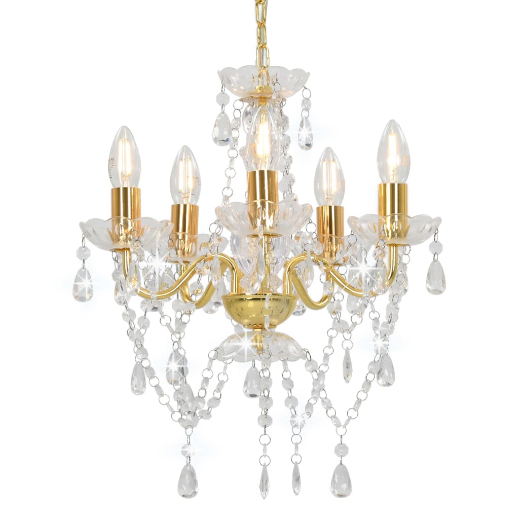 Luster s kristalnim perlama zlatni okrugli 5 x E14