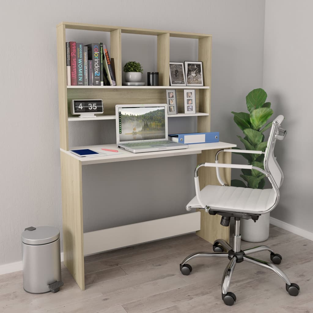 Radni stol s policama bijeli i hrast 110x45x157 cm od iverice