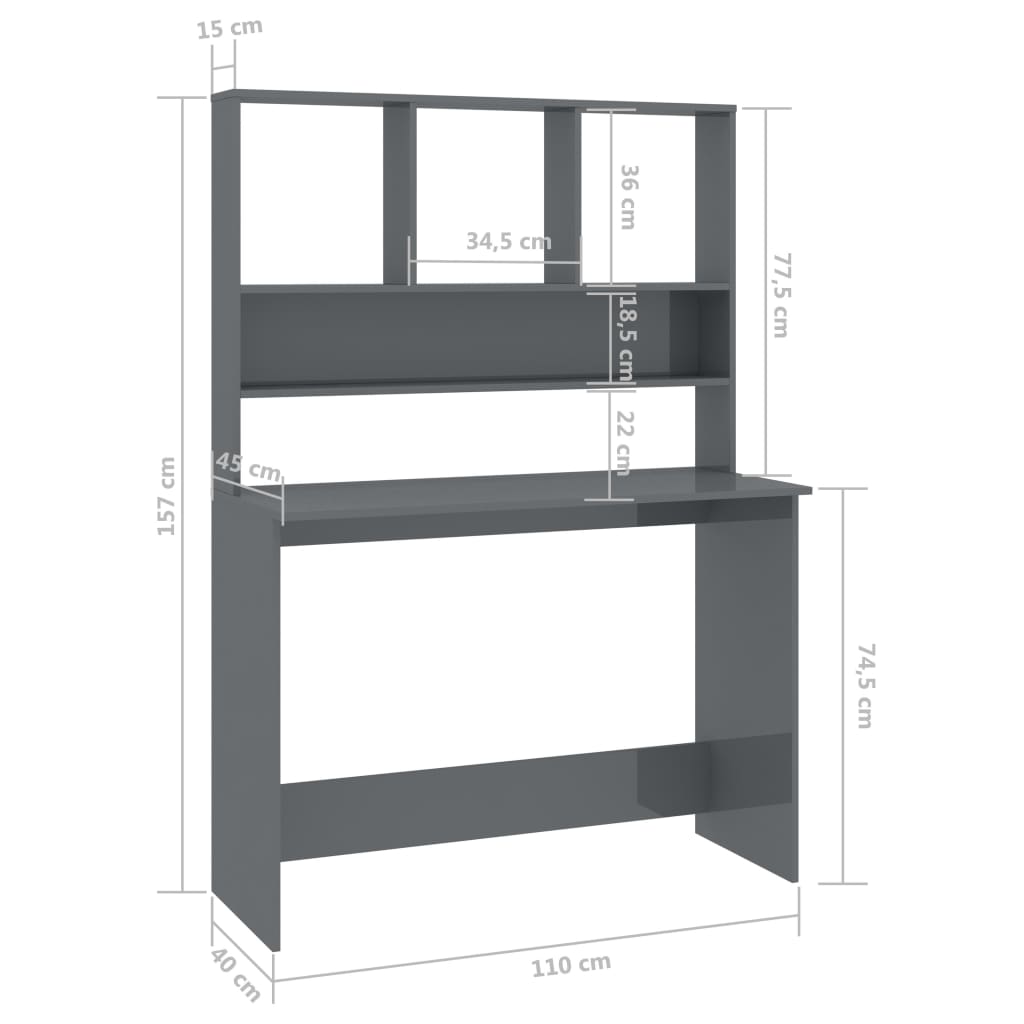 Radni stol s policama visoki sjaj sivi 110x45x157 cm iverica