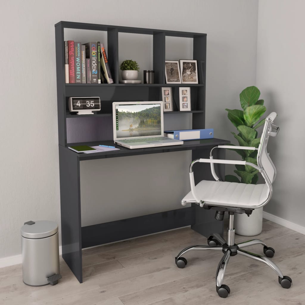 Radni stol s policama visoki sjaj sivi 110x45x157 cm iverica